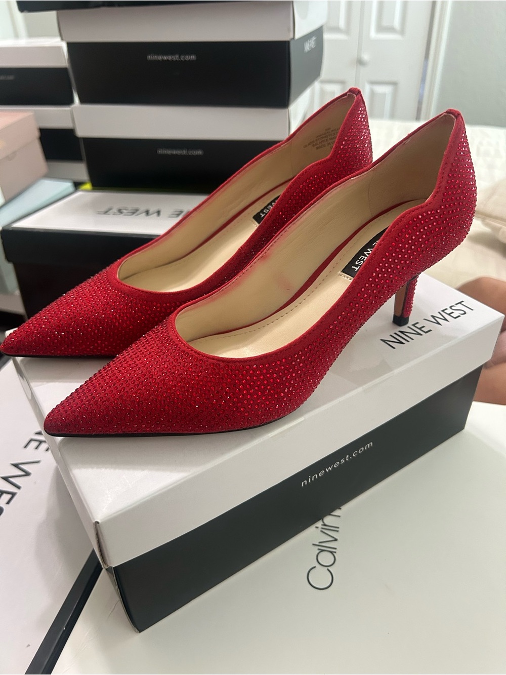 Nine West Red Crystal-Studded Pointed-Toe Pumps